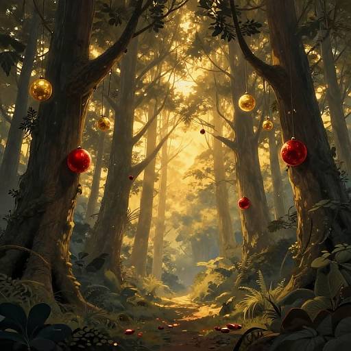 Digital fantasy artwork of a sunlit enchanted forest with golden light filtering through tall trees, adorned with hanging red and gold ornaments.