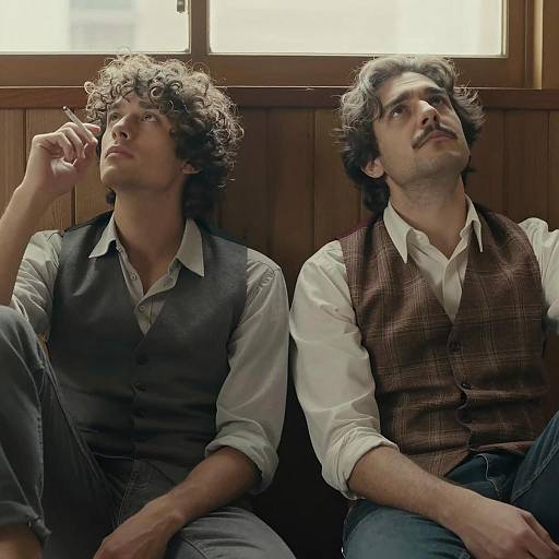 Two Men Sitting Relaxed Against Wooden Wall