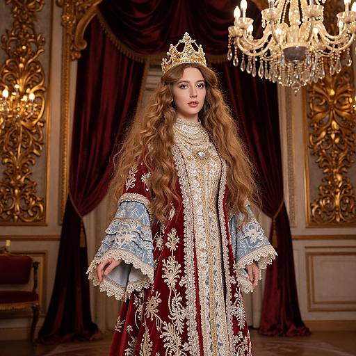 Royal Woman in Ornate Embroidered Dress and Crown