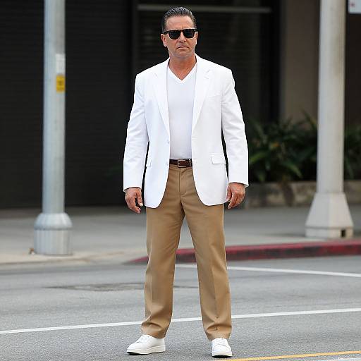 Photograph of a middle-aged man with dark hair, wearing black sunglasses, white blazer, white shirt, beige pants, and white sneakers, standing