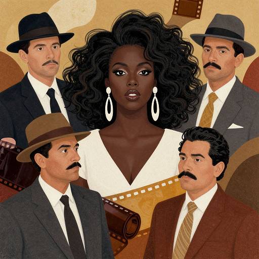 Digital illustration of five people: central dark-skinned woman with voluminous black hair, large white earrings, and white V-neck dress, surrounded by four