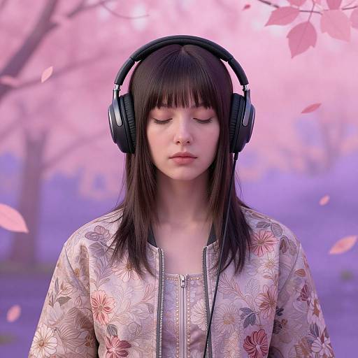Photograph of a young Asian woman with straight black hair, closed eyes, wearing floral shirt, black headphones, surrounded by pink cherry blossoms.