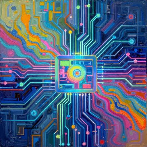 Digital art of vibrant, neon-colored, circuit board with glowing blue, orange, and pink lines radiating from a central, brightly illuminated chip.
