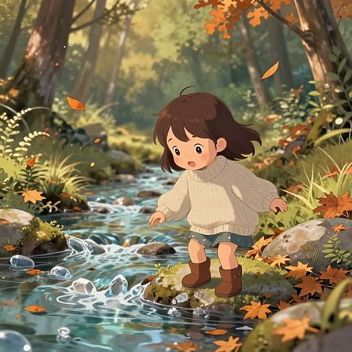 Anime-style drawing of a cute child with brown hair, wearing a white sweater and brown boots, stepping through a sparkling autumn creek in a sunlit forest