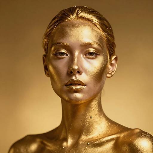 Photograph of a woman with shiny, gold-painted skin and wet hair, illuminated against a warm, beige background. Her expression is calm and poised