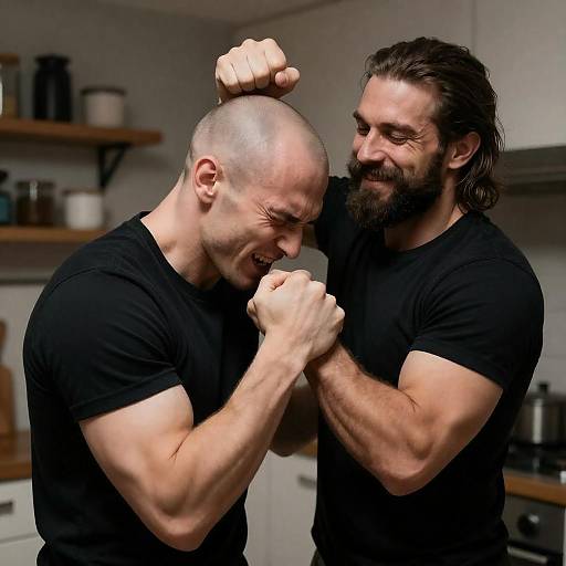 Muscular Men Fighting in Dim Kitchen