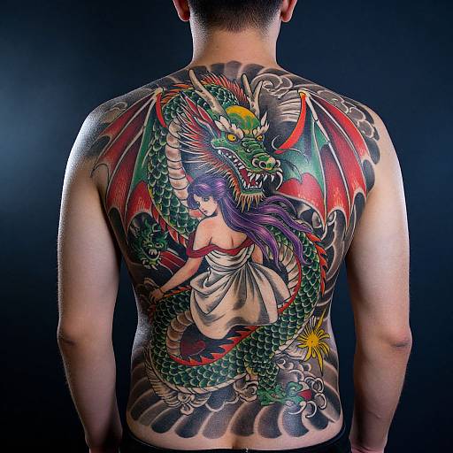 Vibrant Japanese Dragon Back Tattoo