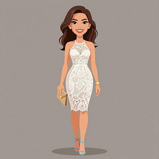 Digital illustration of a smiling woman with long brown hair, wearing a white lace sleeveless dress, holding a gold clutch, and blue heels, against a