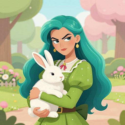 Digital art of a green-haired woman with gold earrings, wearing a green dress, holding a white rabbit in a sunny garden.