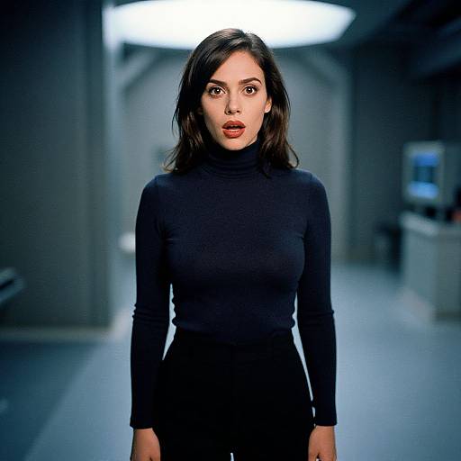 Photograph of a startled woman with medium skin tone, dark brown hair, and brown eyes, wearing a black turtleneck dress, standing in a