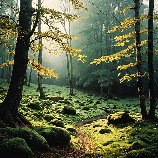 Misty Early Autumn Forest Path