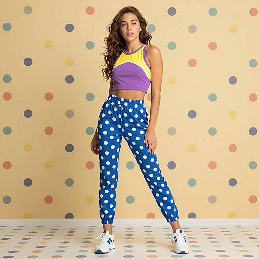Athletic woman in colorful polka dot outfit