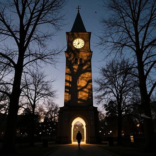 Photograph of a silhouetted clock tower at dusk, with a bright, illuminated clock face and arched entrance, surrounded by bare trees.