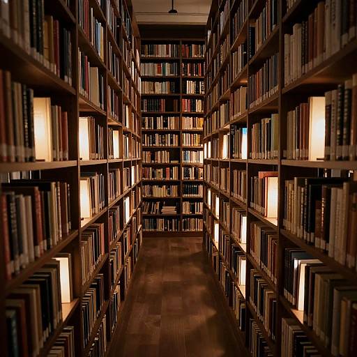 Photograph of a dimly lit, narrow library aisle with wooden shelves filled with books, illuminated by warm, rectangular lights.