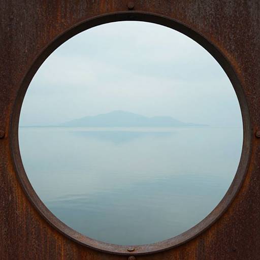 Photograph of a circular window on a weathered wooden surface, revealing a calm, misty blue ocean horizon under a pale sky.