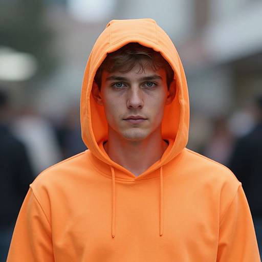 Photograph of a young man with fair skin, blue eyes, and brown hair, wearing an orange hoodie with the hood up, standing in a blurred