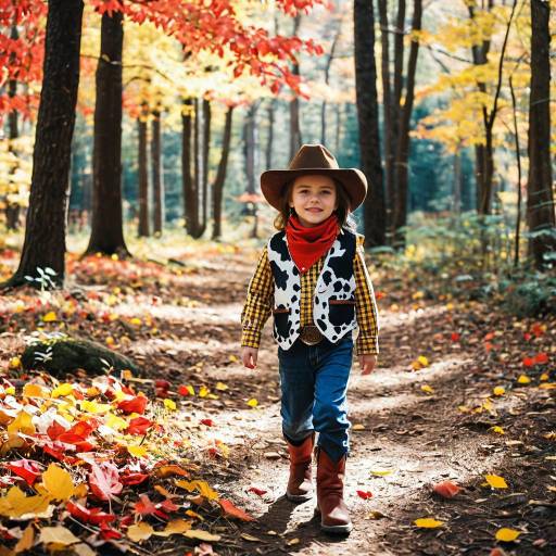 Child Cowboy Walking in Autumn Forest