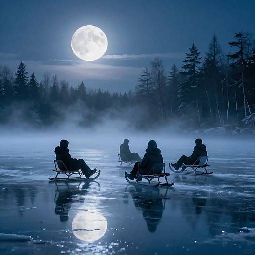Silhouetted people ice skating and sledding under a full moon, surrounded by misty trees and reflecting on frozen water. Blue moonlit