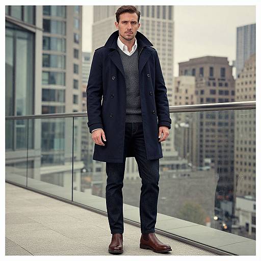 Photograph of a handsome man with short brown hair, wearing a black coat, gray sweater, white shirt, black pants, and brown shoes, standing