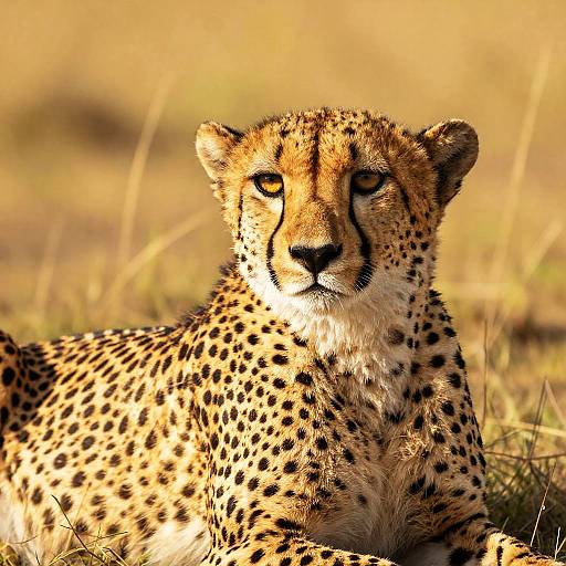 Photograph of a resting cheetah with golden-yellow fur and black spots, lying in sunlit grass, with a focused, intense gaze.