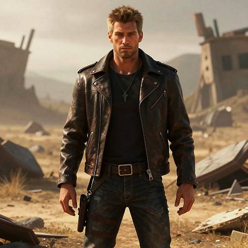 Photograph of a rugged, blonde-haired man with a beard, wearing a black leather jacket and jeans, standing in a desolate, ruined landscape with