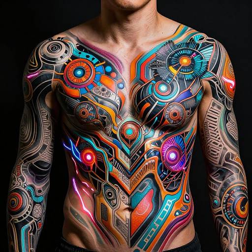 Photograph of a muscular, shirtless man with vibrant, neon-colored cybernetic tattoos covering his chest and arms, set against a dark background.