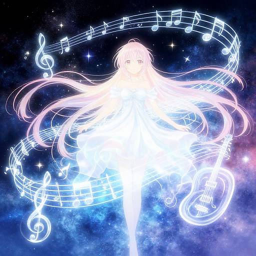 Digital anime artwork: Bright, glowing white-haired female figure with long flowing hair surrounded by swirling musical notes against a starry, cosmic blue background.