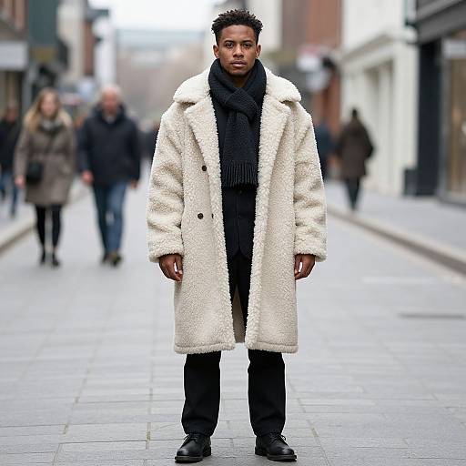 Photograph of a Black man standing on a city street, wearing a white, fluffy winter coat, black scarf, and black pants. Blurred background