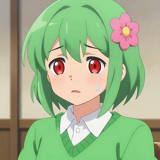 Anime-style digital drawing of a green-haired girl with red eyes, a pink flower in her hair, and a green sweater, looking sad with a tear