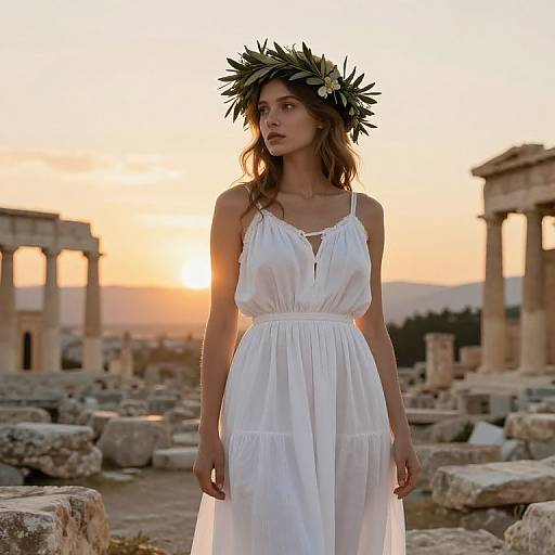 Photograph of a young woman with a leafy crown, wearing a white, flowing dress, standing in a sunlit ancient ruin at sunset.