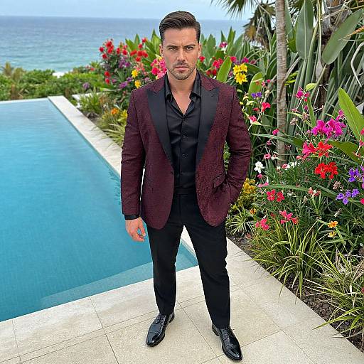 Photograph of a handsome, muscular man with dark hair, wearing a burgundy blazer, black shirt, and pants, standing by a blue pool