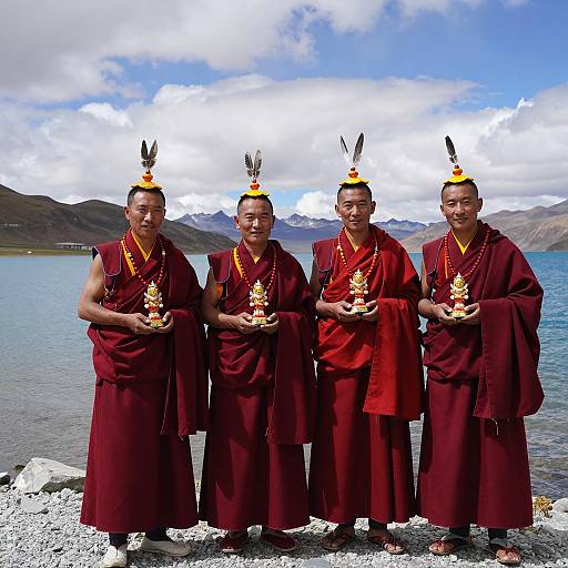 Monks by the Serene Mountain Lake