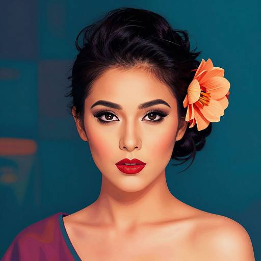 Photograph of an Asian woman with dark hair, red lipstick, and an orange flower in her hair, set against a blue background.