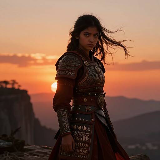 Photograph of a fierce, silhouetted young woman with dark hair, wearing ornate medieval armor, standing against a vibrant orange sunset with mountain