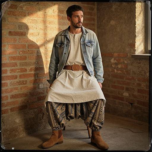 Photograph of a bearded man with medium brown skin, wearing a denim jacket, white tunic, patterned pants, brown belt, and boots