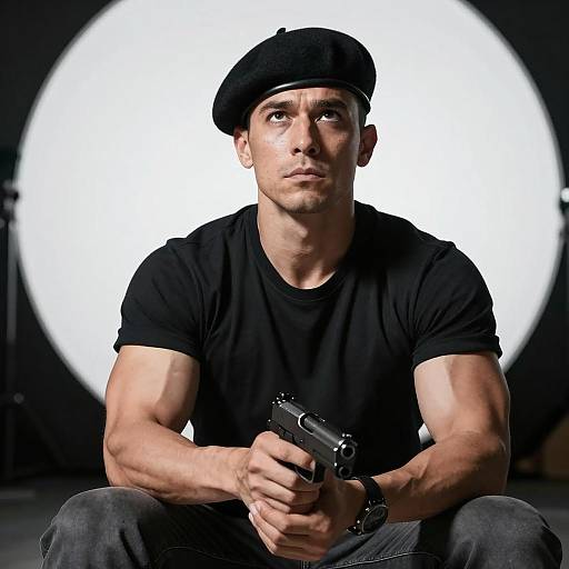 Man in Black Beret Holding Gun