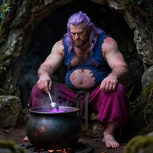 Photorealistic CGI of a muscular, bearded man with purple hair, wearing a torn blue shirt and maroon pants, cooking in a dark cave