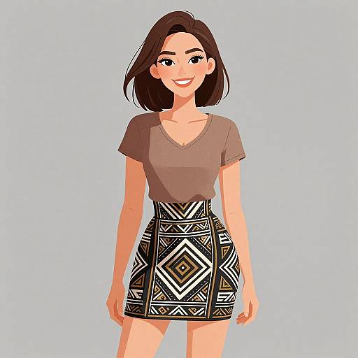 Digital illustration of a smiling young woman with brown hair, wearing a brown V-neck top and a black, white, and gold geometric patterned skirt,