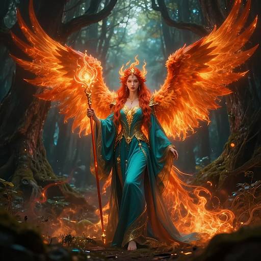 Digital fantasy artwork of a fiery-winged woman in a teal gown, holding a torch, standing in a dark, enchanted forest.