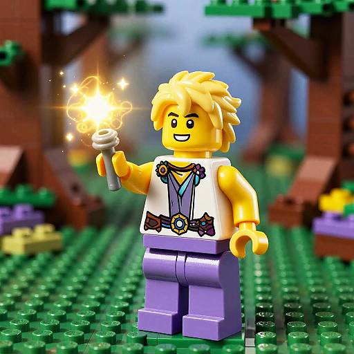 Photograph of a LEGO minifigure with yellow skin, blonde hair, holding a glowing wand, wearing a white vest and purple pants, standing on