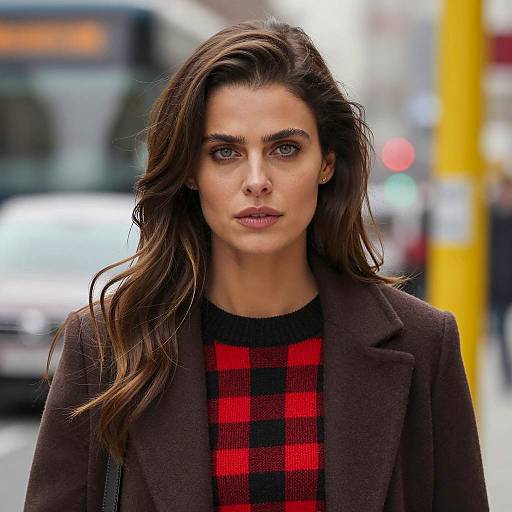 Woman in Brown Coat with Checkered Sweater