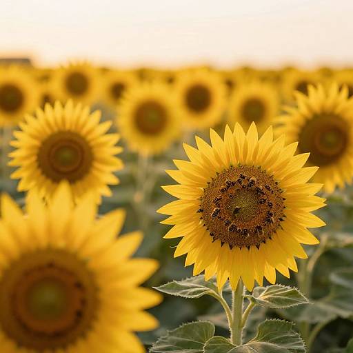 Photograph of a sunlit field of vibrant yellow sunflowers with detailed, textured petals and dark brown centers, blurred background.
