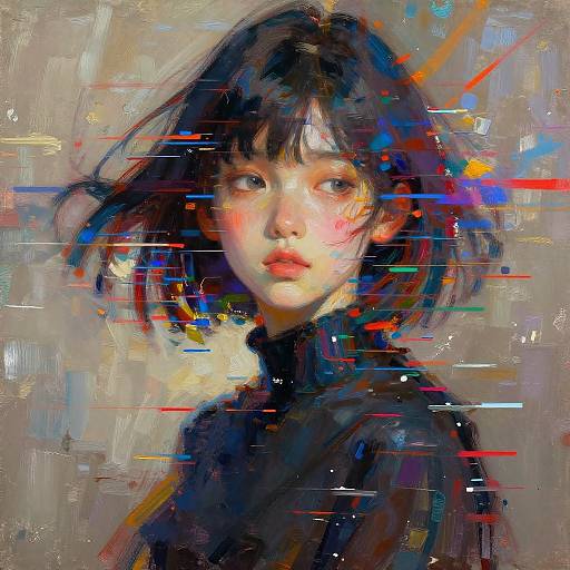 Digital painting of an Asian woman with short black hair, wide eyes, and pink cheeks, wearing a black turtleneck, surrounded by vibrant, abstract