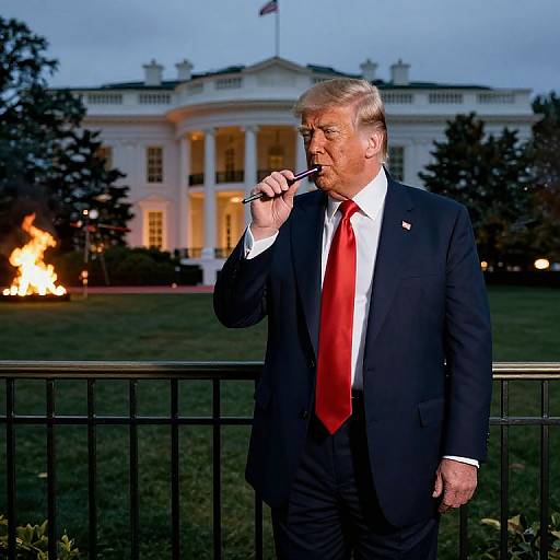 Photograph of Donald Trump in a dark suit, red tie, and white shirt, standing before the White House at dusk, holding a microphone, with