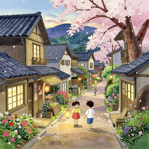 Digital anime-style illustration of a quaint, flower-filled village street at dusk, featuring two children walking away from the viewer under cherry blossom trees.