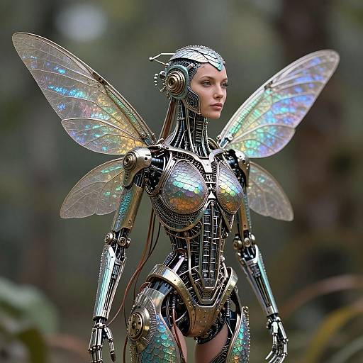 Photorealistic CGI of a metallic, futuristic fairy with iridescent wings, intricate robotic armor, and glowing blue-green accents, standing in a blurred