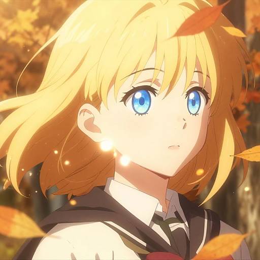 Digital anime-style drawing of a blonde girl with large blue eyes, wearing a black and white school uniform, surrounded by falling autumn leaves. Bright sunlight highlights