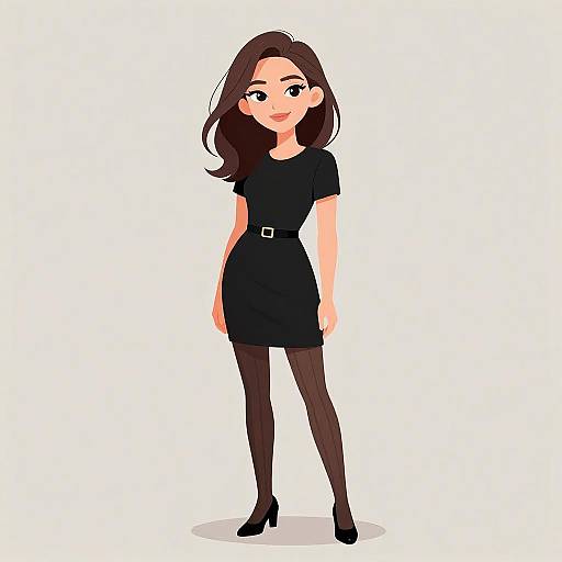 Digital illustration of a smiling young woman with long brown hair, wearing a black dress, black belt, black tights, and black heels, standing against