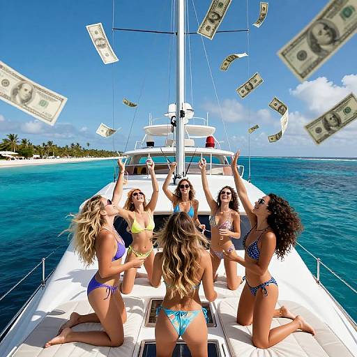 Photograph of five women in colorful bikinis, kneeling on a boat, throwing money into the air over a turquoise sea. Bright blue sky, white