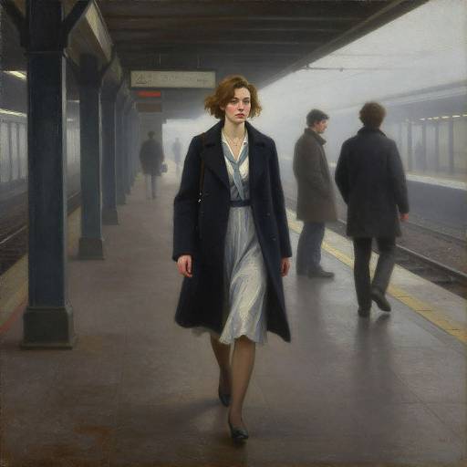 Photograph of a woman in a black coat and white dress walking alone on a foggy subway platform, with two blurred men in the background.